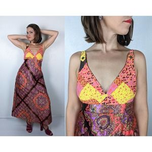 vintage 60s QUILTED mod Halter MAXI DRESS xs opulent groovy boho retro hippie